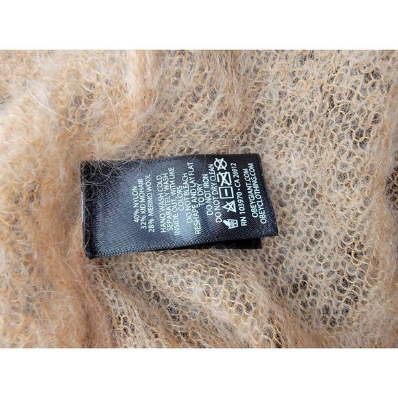 Obey Sweater Cardigan Womens Small Fuzzy Mohair Blend Tan Sheer Delicate - Picture 9 of 11